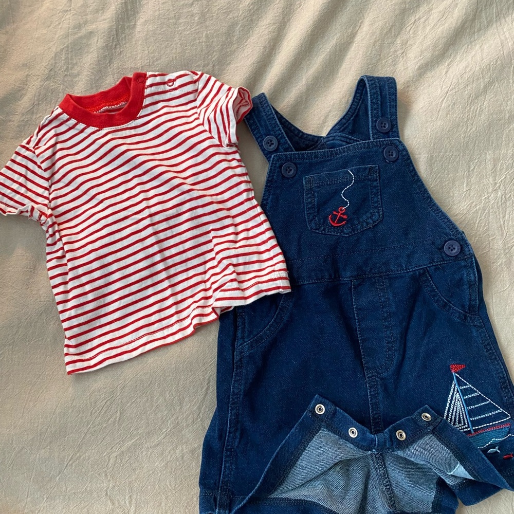 Little Me Nautical Striped Tee and Denim Overalls